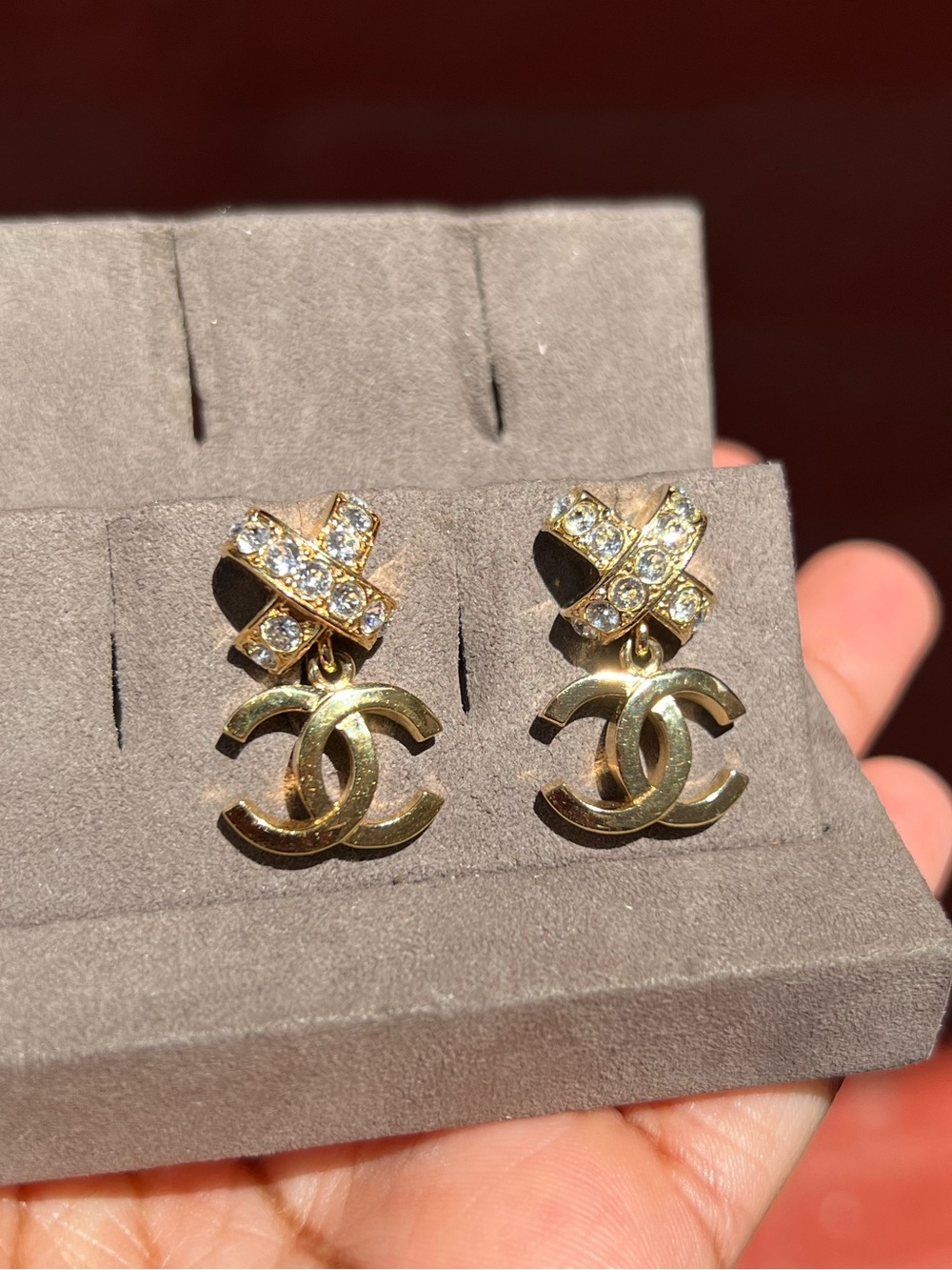 CHANEL Gold Crystal CC Drop Stud Earrings (23P)